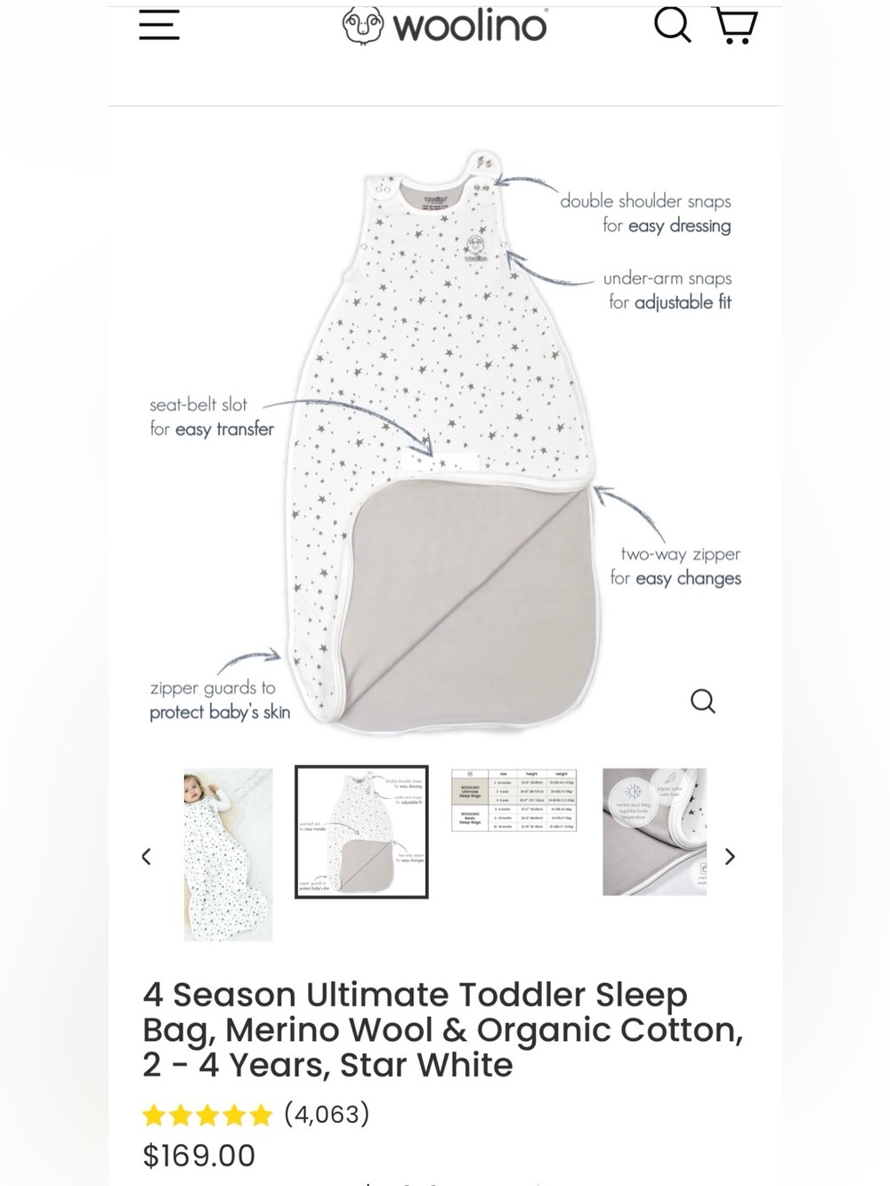 Woolino 4-Season Toddler Sleep Bag - Star White